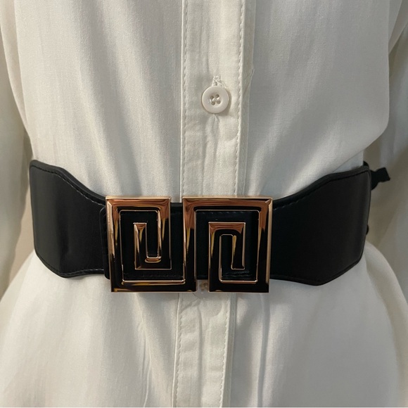 Accessories - Black PU leather rectangle gold tone buckle elastic waistband belt